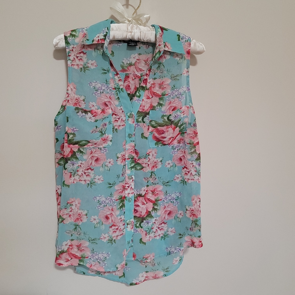 Wet Seal Floral Teal Button Tank Size L